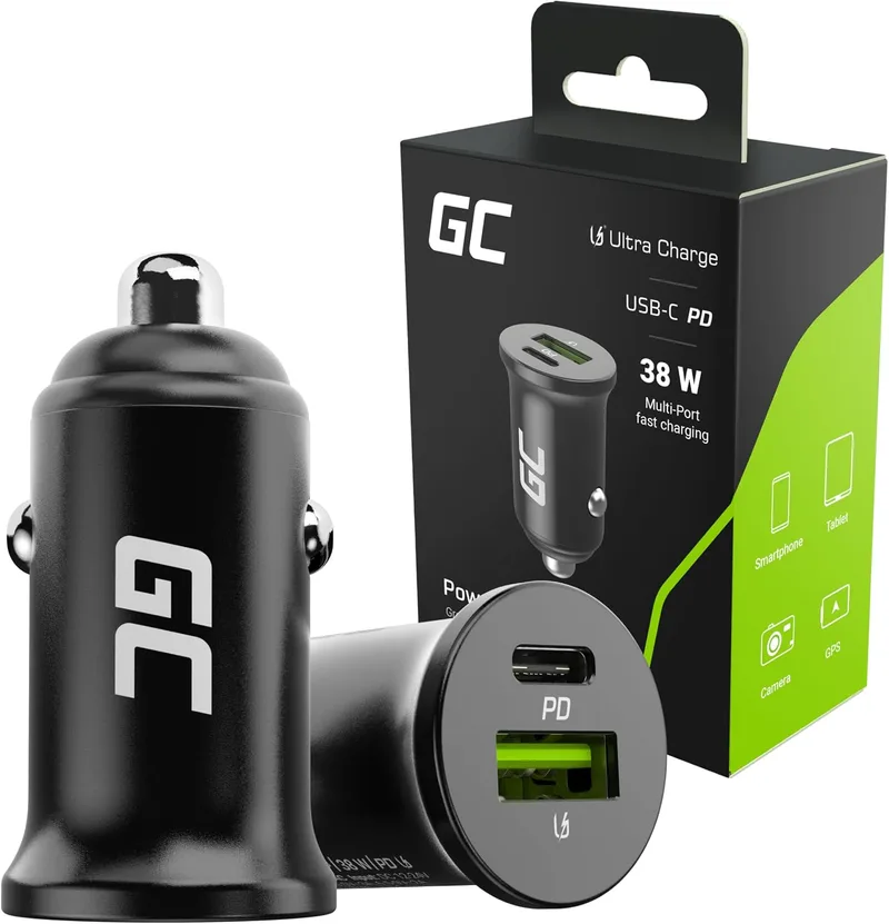 Green Cell ▫️ Carregador de carro de 38 W, USB-C PD e USB-A, carregamento rápido | Carregador de carro de 38 W com USB-C Power Delivery e USB-A para carregar dois dispositivos; para telemóveis, GPS e tablets