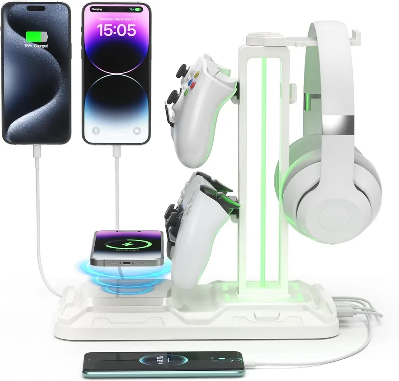 KDD ▫️ Suporte para auscultadores de jogos com LED, suporte para comando da PS5 com carregamento sem fios