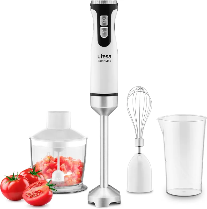 Ufesa ▫️ Batedeira de Mão Solar Max, Potência de 1200 W, 12 velocidades + TURBO, 4 lâminas de aço inoxidável, design ergonómico e anti-salpicos, acessórios incluídos, sem BPA