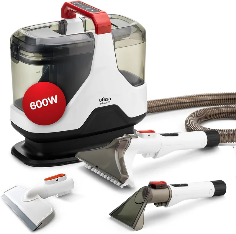 Ufesa ▫️ Eden 600 Aspirador de estofos com água, 600 W, depósito duplo, sucção de líquidos e sólidos, escova multifunções, acessório para limpeza de vidros, ideal para tapetes, sofás, automóveis e vidros