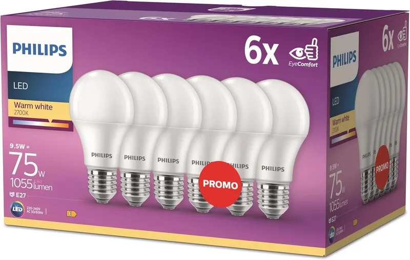 Philips ▫️ Lâmpada LED de 75 W, E27, luz branca quente, acabamento mate, não regulável, embalagem de 6 unidades [Classe de eficiência energética F]