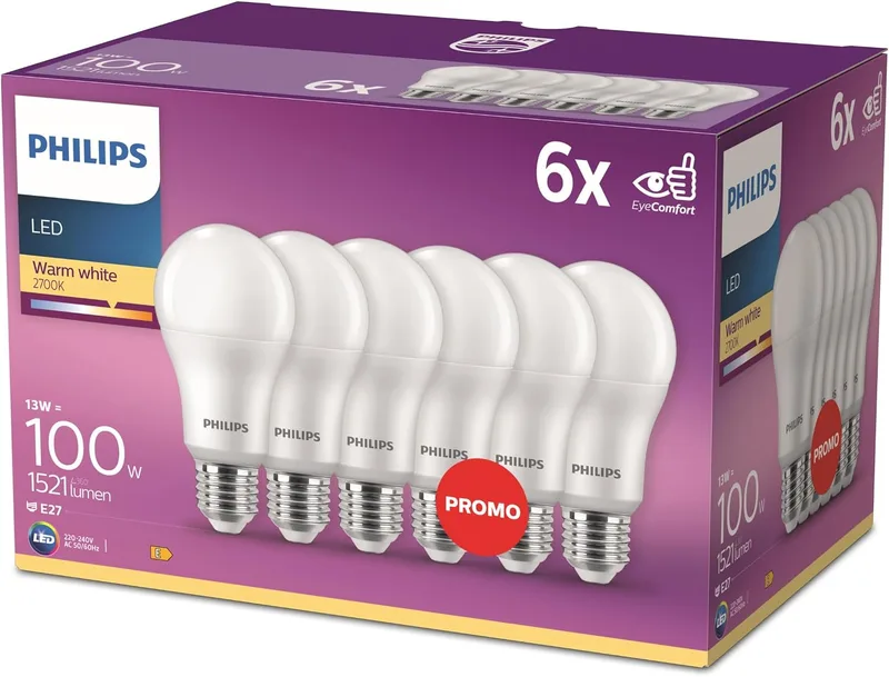 Philips ▫️ Lâmpada LED de 100 W, padrão E27, luz branca quente, 230 V, acabamento mate, não regulável, embalagem de 6 unidades [Classe de eficiência energética E]