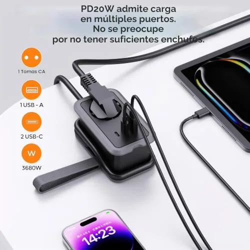 JTDO ▫️ Extensão portátil de viagem, 1 tomada, 1 USB-A e 2 USB-C com cabo enrolável 2