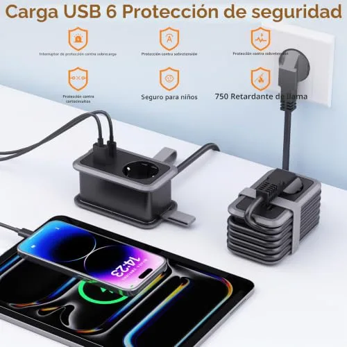 JTDO ▫️ Extensão portátil de viagem, 1 tomada, 1 USB-A e 2 USB-C com cabo enrolável 4