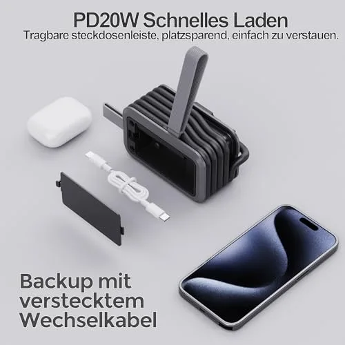 JTDO ▫️ Extensão portátil de viagem, 1 tomada, 1 USB-A e 2 USB-C com cabo enrolável 6