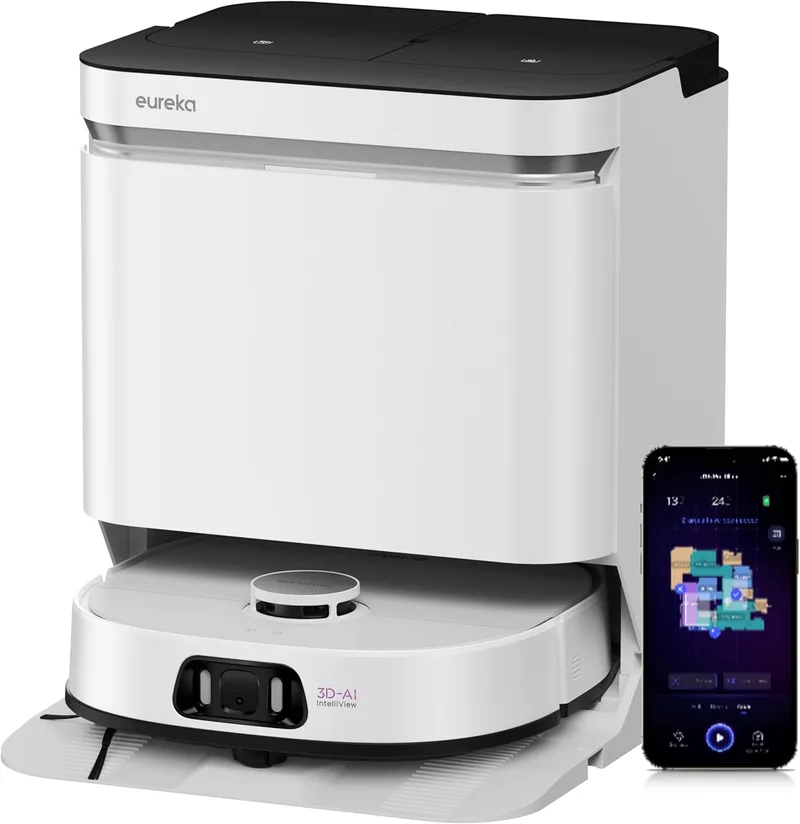 EUREKA ▫️ Robô aspirador J15 Pro Ultra, robô aspirador e esfregador de 16 200 Pa, sistema anti-emaranhamento de cabelos, lavagem com esfregona a água quente a 75 ℃, mapeamento com IA, limpeza de bordas, autolimpeza
