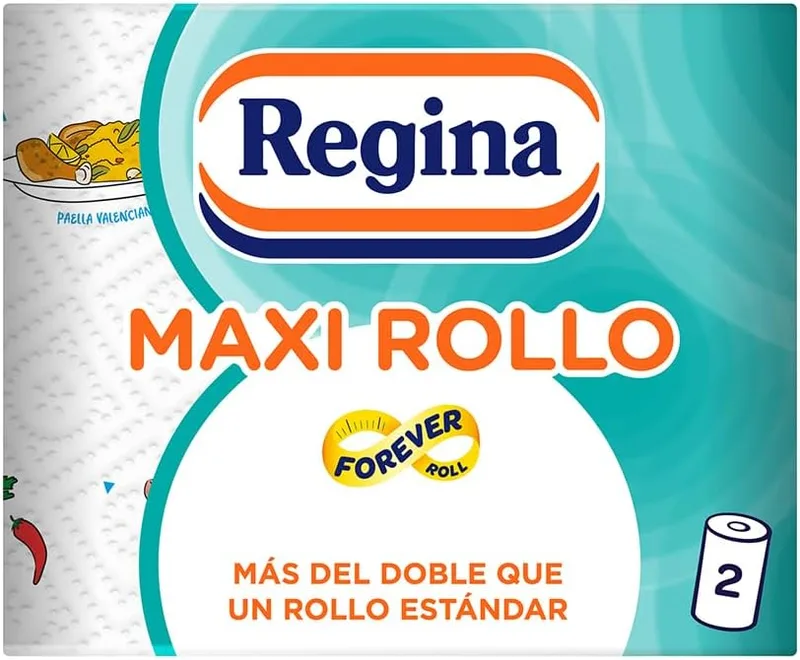 Regina ▫️ Maxi Rolo de Papel de Cozinha - Embalagem de 2 rolos, 100 folhas maxi decoradas de 2 camadas, equivalente a 6 rolos padrão, extra absorventes, embalagem de papel reciclável, 100% certificado pela FSC