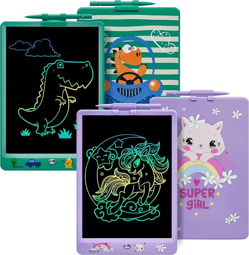 DYNASONIC ▫️ DYNA-PM pack 2 peças. Quadro de escrita LCD a cores de 10 polegadas para crianças. Quadro de desenho magnético. Brinquedo educativo. Prenda para crianças. Quadro branco para crianças (Dinossauro Gato)