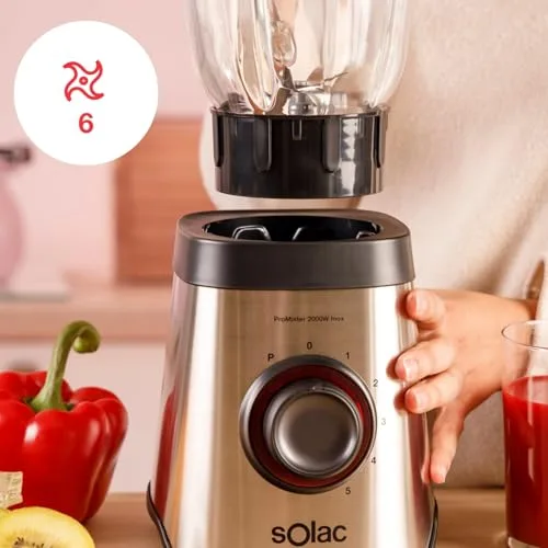 Solac ▫️ Liquidificador Promixter de 2000 W | Jarro de vidro de 1,5 L | 5 velocidades + PULSE | 6 lâminas de aço | Quebra-gelo 3