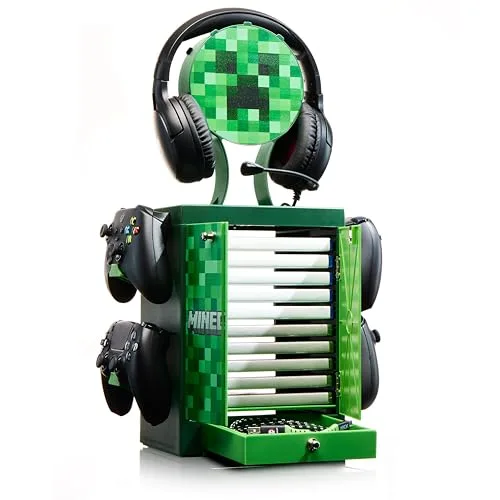 Numskull ▫️ Estante e Suporte de Armazenamento Oficial do Minecraft – Capacidade para 10 jogos/DVDs, 4 comandos, auscultadores e acessórios – Organizador resistente – Produto oficial do Minecraft 6