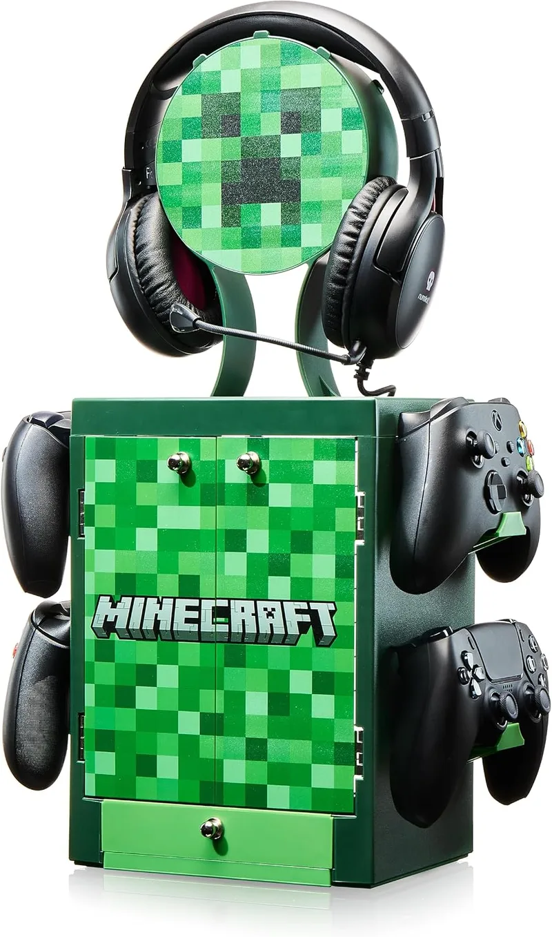 Numskull ▫️ Estante e Suporte de Armazenamento Oficial do Minecraft – Capacidade para 10 jogos/DVDs, 4 comandos, auscultadores e acessórios – Organizador resistente – Produto oficial do Minecraft