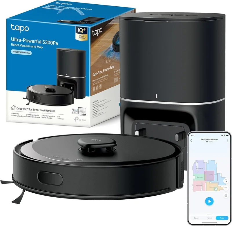 Tapo ▫️ RV30 MAX Plus Aspirador Robótico, potência de sucção ultra de 5300 Pa com função de esfregamento, base de esvaziamento automático de 3 l, navegação avançada LiDAR+IMU, controlo por voz e aplicação, Preto
