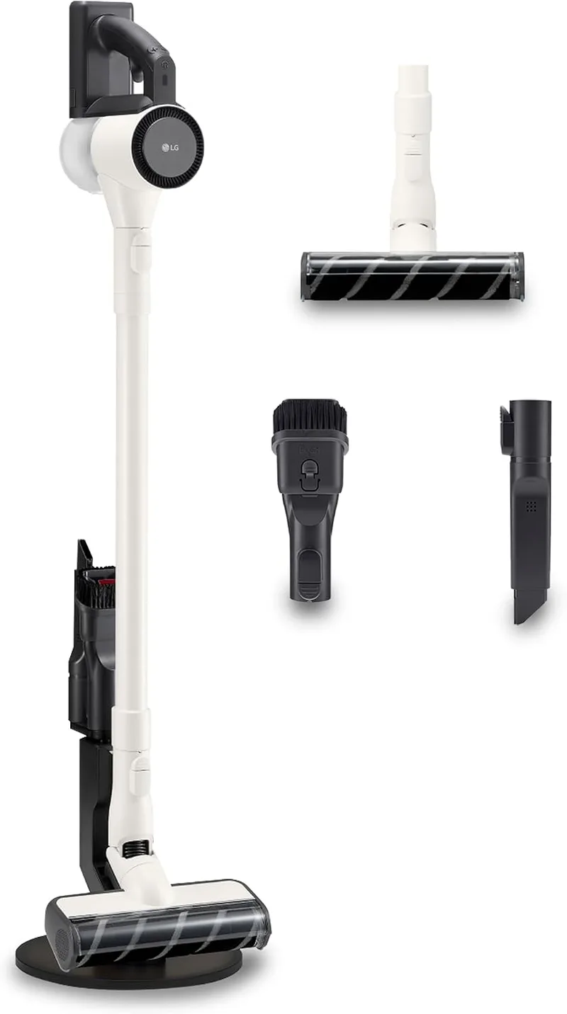 LG ▫️ A9C-SLIM1C - Aspirador de vassoura CordZero, aspirador com sistema de compressão de pó, ciclónico, potência de sucção de 150 W, bocal para várias superfícies, base de recarga, 1,9 kg, branco