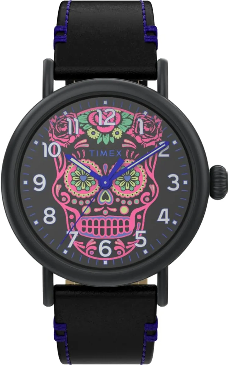 Timex ▫️ Relógio analógico de quartzo para homem modelo Waterbury Standard «Dia dos Mortos», com bracelete em pele