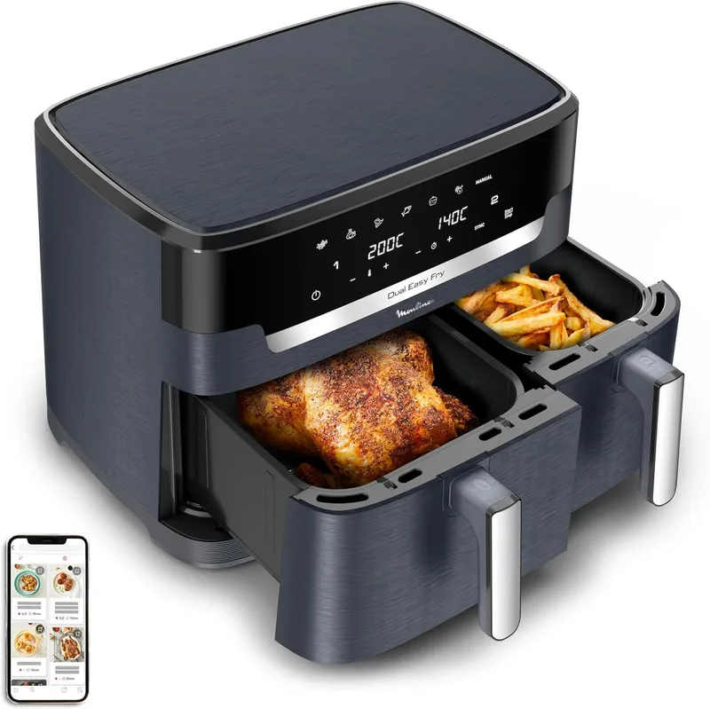 Moulinex ▫️ XXL Dual Easy Fry 11 L: Fritadeira de ar quente com cesto duplo para mais de 8 pessoas, dois cestos (6,5 L + 4,5 L), 7 programas automáticos, EZ942BF0