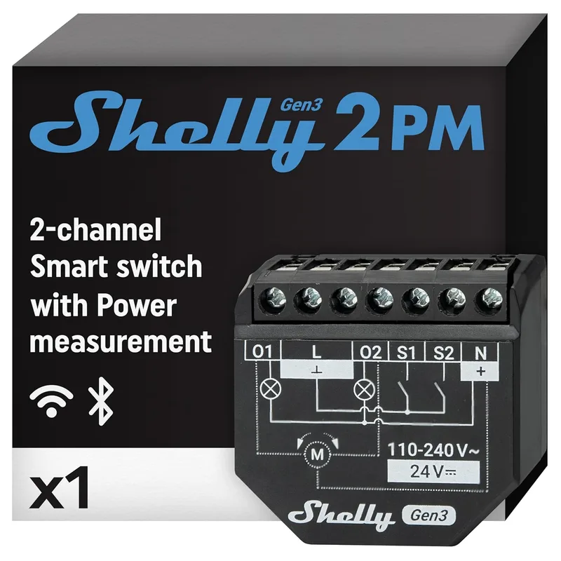 Shelly ▫️ 2PM Gen3 - Relé de interrutor cego sem fios, 2 canais - 16 A, Wi-Fi e Bluetooth, com medidor de potência, controlo de aplicações iOS e Android, Alexa, Google Home, compatível com KNXnet