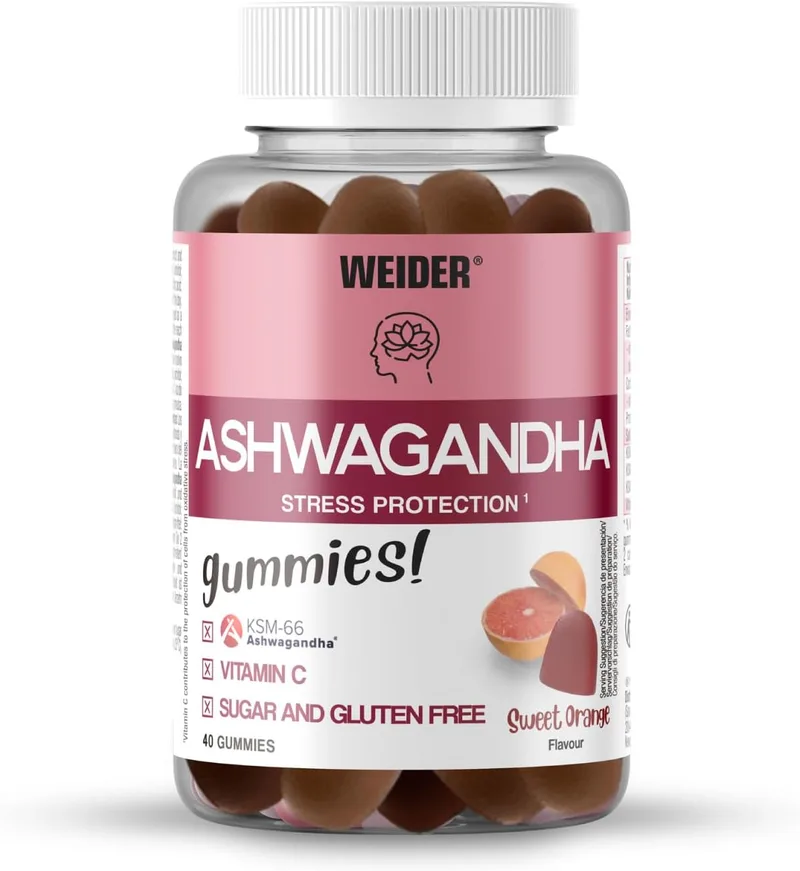 Weider ▫️ Ashwagandha Gummies (40 gomas) Sabor a laranja doce, com extrato de raiz de Ashwagandha KSM-66 e vitamina C, ajuda a reduzir o stress e a induzir o sono, sem açúcar, sem glúten, 20 doses