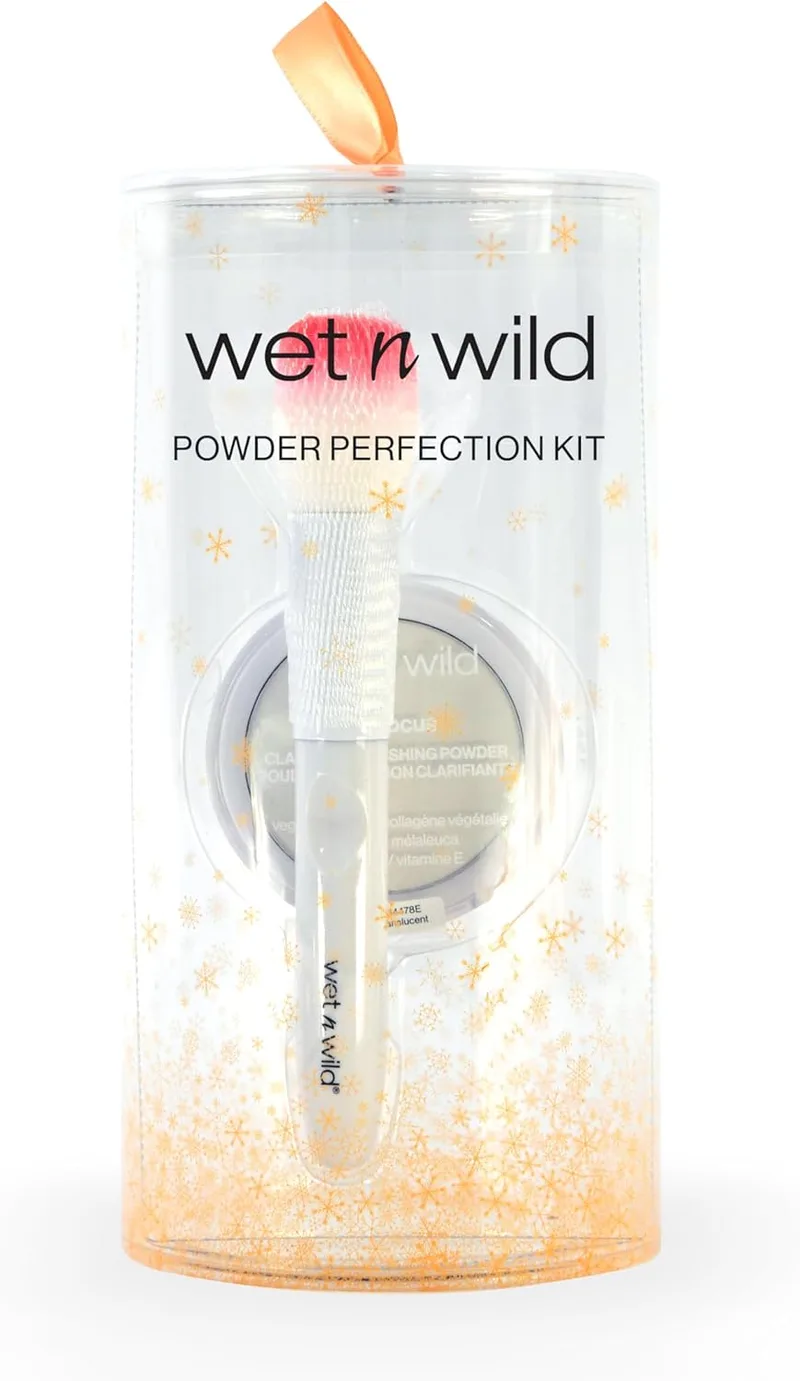 Wet n Wild ▫️ Conjunto Powder Perfection, com Pó Fixador Clarificante e Pincel para Pó, Pó Facial de longa duração, enriquecido com ácido hialurónico e vitamina E, e um pincel de maquilhagem de cerdas macias