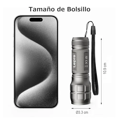 Lepro ▫️ Lanterna LED LE1000 com zoom, 6 pilhas AAA incluídas, cinzento prateado, 2 unidades 4