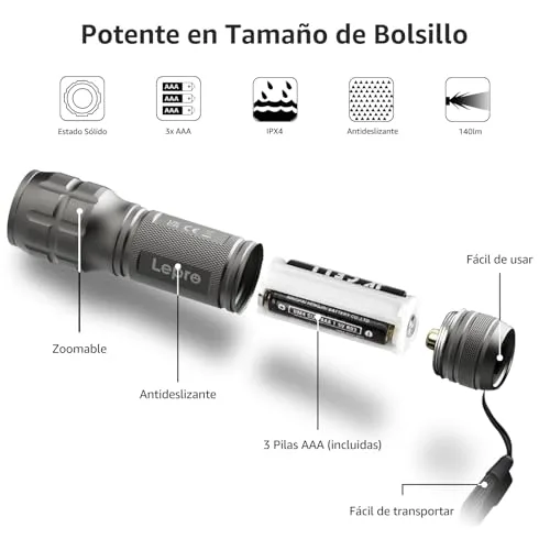 Lepro ▫️ Lanterna LED LE1000 com zoom, 6 pilhas AAA incluídas, cinzento prateado, 2 unidades 5