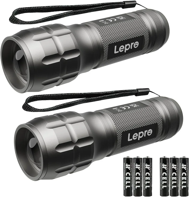 Lepro ▫️ Lanterna LED LE1000 com zoom, 6 pilhas AAA incluídas, cinzento prateado, 2 unidades