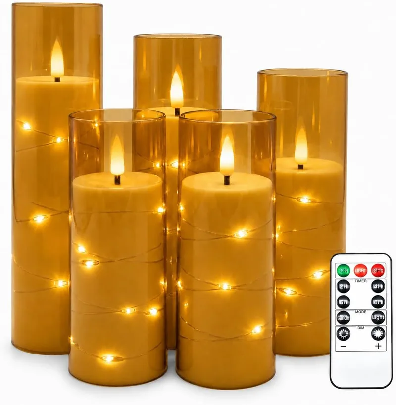 Da by ▫️ Conjunto de 5 velas LED cor champanhe com tubo exterior e luzes de fada no interior, chama intermitente realista, 1 comando, plástico resistente ao calor, tamanhos variados, reutilizáveis para interior e exterior