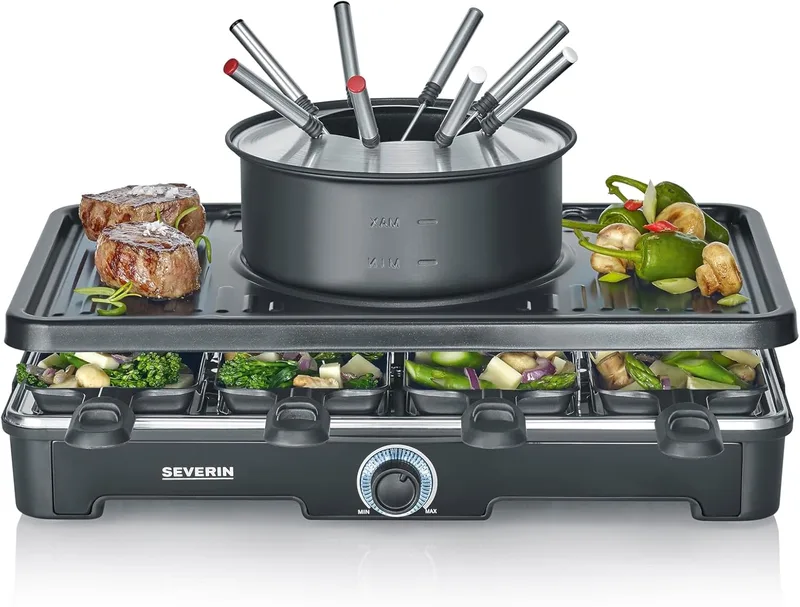 Severin ▫️ Combinação de fondue/raclette para 8 pessoas, grelhador 2 em 1, revestimento antiaderente, incl. 8 frigideiras de fondue, raspadores de fondue e garfos, lavável na máquina de lavar louça, RG 2347