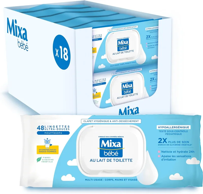 Mixa ▫️ Toalhetes para bebés com leite higiénico, 18 x 48 toalhetes