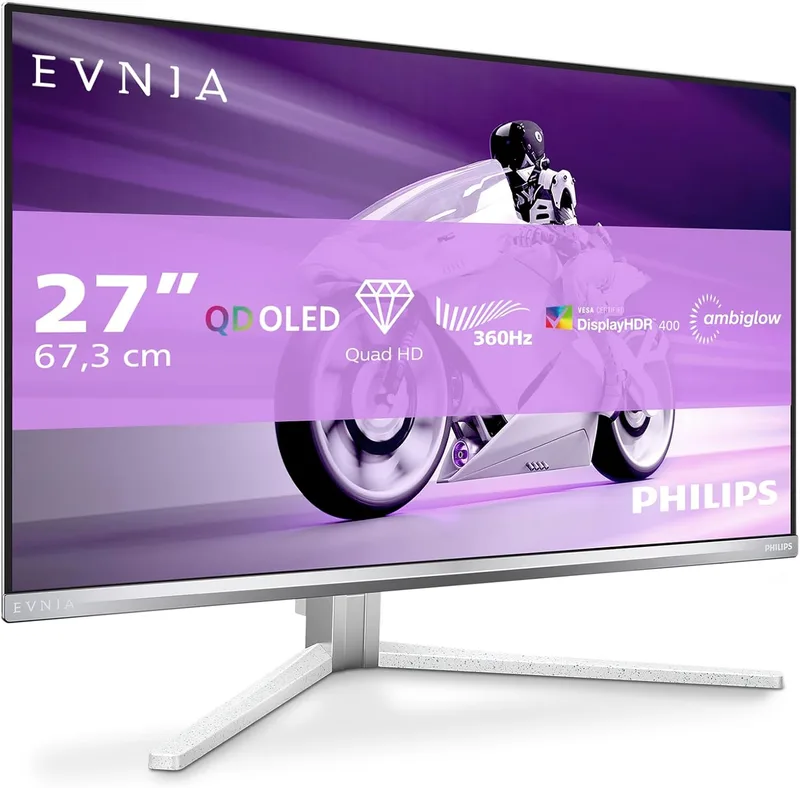 Philips ▫️ Evnia 27M2N8500AM - Monitor para jogos QHD OLED de 27 polegadas 27", 360 Hz, 0,03 ms, HDR400, FreeSync. Prem., G-Sync Comp. (2560x1440, 2X HDMI 2.1, 1x DP 1.4, hub USB) Branco