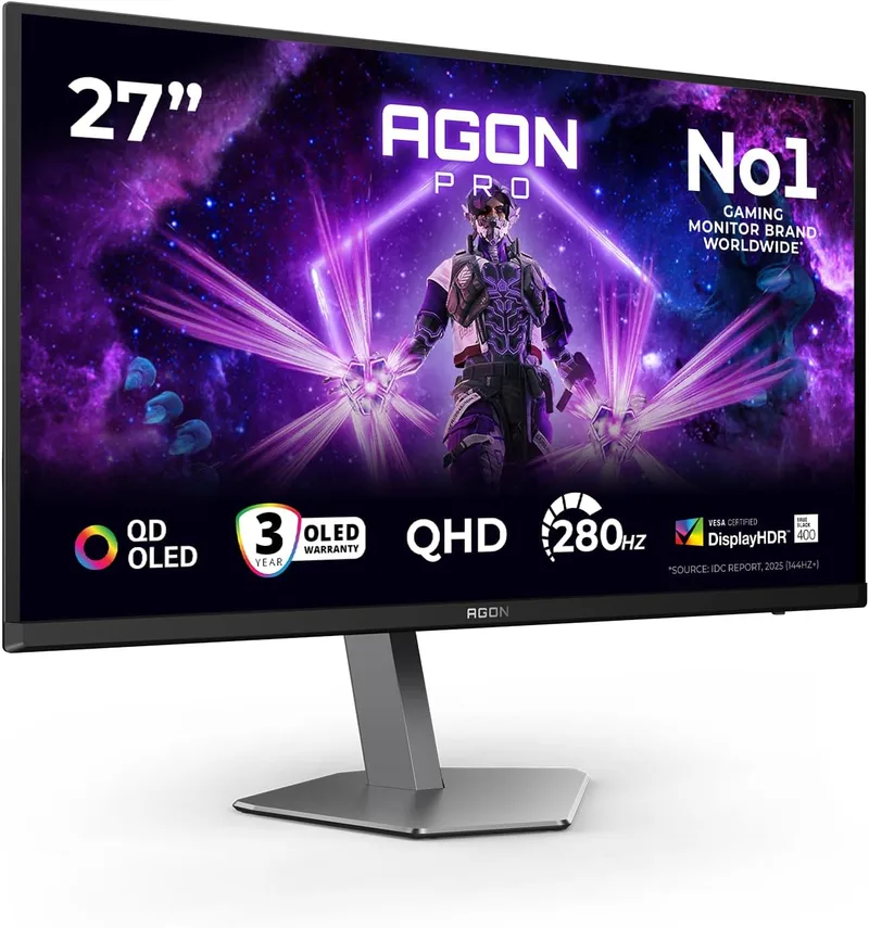 AOC ▫️ Agon Pro AG276QZD2AM - Monitor OLED QHD de 27 polegadas, 280 Hz, 0,03 ms GtG, FreeSync Premium Pro, compatível com G-Sync, HDR400 (2560 x 1440, 2 x HDMI 2.1, DisplayPort, concentrador USB) Preto
