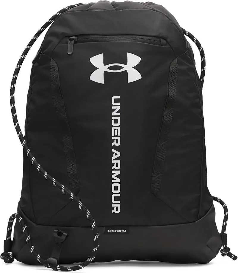 Under Armour ▫️ Hustle Sackpack Unissexo, Mochila desportiva impermeável para atividades desportivas e ao ar livre, Mochila de ginásio com prático bolso frontal Preto/Preto/Branco, Tamanho Único