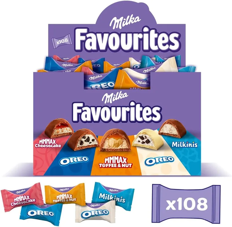 Milka ▫️ Favourites, Sortido de Chocolates Individuais, Caixa de 108 Mini Chocolates, 1 kg