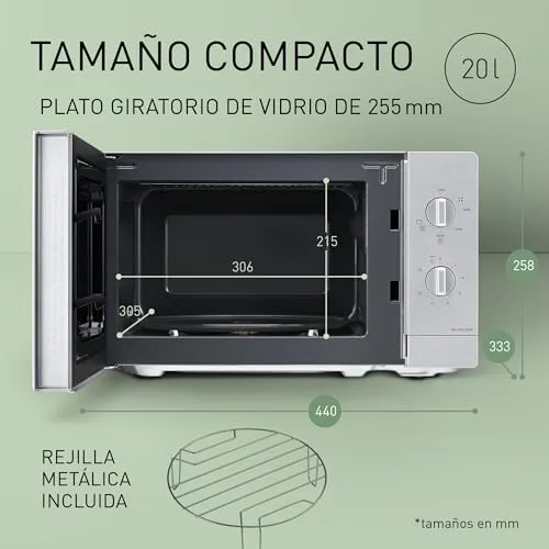 Panasonic ▫️ NN-GM23QMEPG Micro-ondas com grelhador de 20 L, com tabuleiro de vidro e grelha, 800 W, grelhador de 1000 W, função de descongelação, botão giratório, Quick 30, temporizador, prateado 3