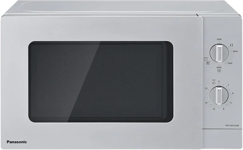 Panasonic ▫️ NN-GM23QMEPG Micro-ondas com grelhador de 20 L, com tabuleiro de vidro e grelha, 800 W, grelhador de 1000 W, função de descongelação, botão giratório, Quick 30, temporizador, prateado