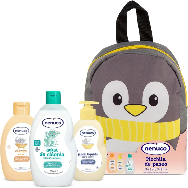 Nenuco ▫️ Pack Bebé - Mochila de Passeio Pinguim, com gama completa: colónia, sabonete, champô, 3 x 200 ml