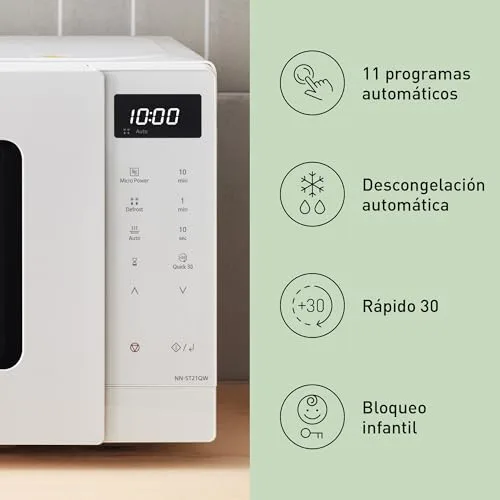 Panasonic ▫️ NN-ST21QWEPG Micro-ondas de 20 L com tabuleiro de vidro, 800 W, descongelação automática, 11 programas automáticos, ecrã LED, 5 níveis de potência, temporizador digital, branco 5