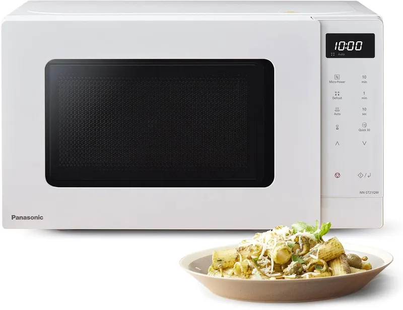 Panasonic ▫️ NN-ST21QWEPG Micro-ondas de 20 L com tabuleiro de vidro, 800 W, descongelação automática, 11 programas automáticos, ecrã LED, 5 níveis de potência, temporizador digital, branco