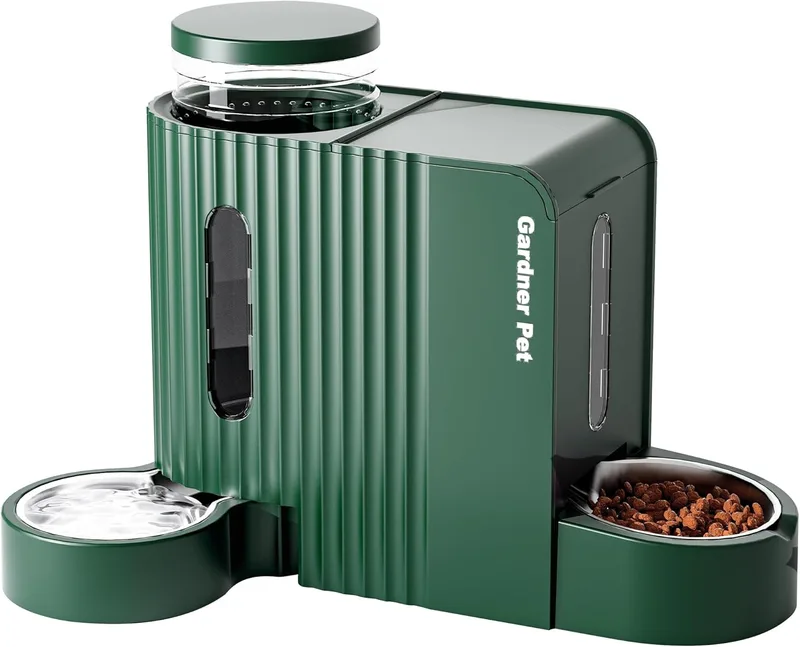 Gardner Pet ▫️ 2 em 1 Comedouro Automático para Gatos 3 L*2 - Verde | Distribuidor de Comida e Água, Bebedouro para Cães com Tigela em Aço Inoxidável, Distribuidor de Comida para Gatos por Gravidade, Sem BPA, Não Elétrico