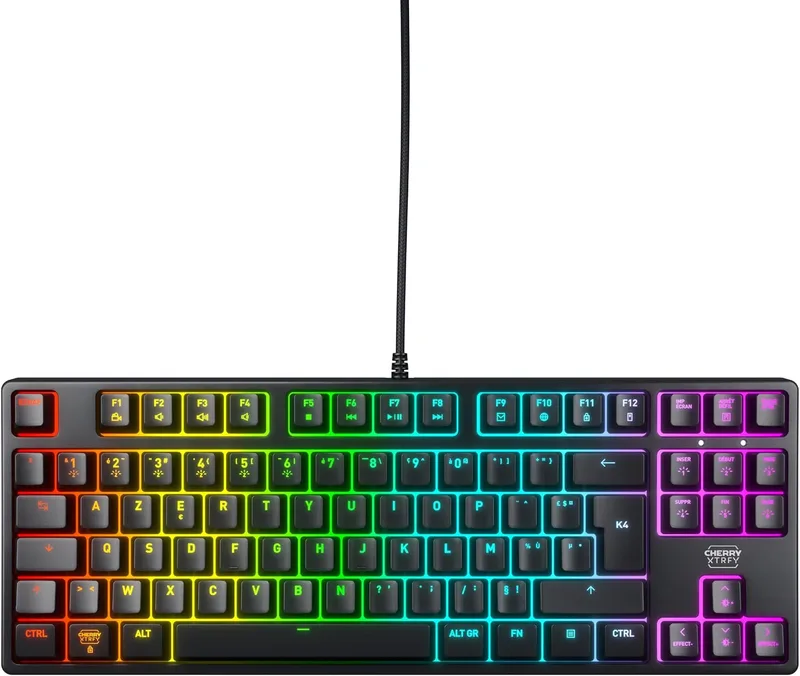 CHERRY ▫️ XTRFY K4V2 TKL, Teclado para jogos com fio, sem teclado numérico, disposição francesa (AZERTY), iluminação RGB, interruptores mecânicos MX2A RED, preto