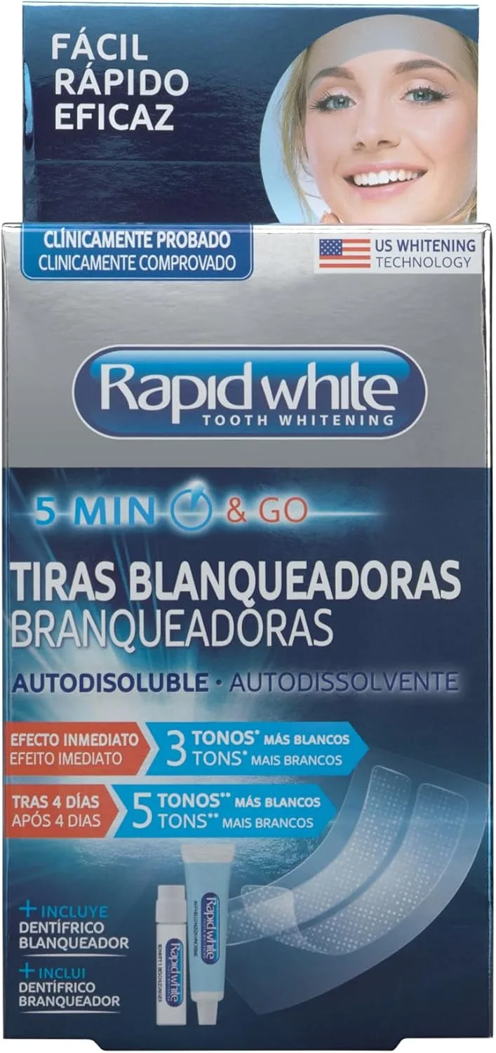 RAPIDWHITE ▫️ Rapid White, conjunto de tiras autodissolventes para branqueamento dentário com pasta de dentes branqueadora, até 5 tons mais brancos em apenas 4 dias, efeito imediato, sem peróxido de hidrogénio