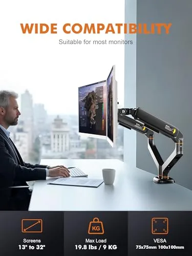 Ibergrif ▫️ Suporte duplo para monitores de 13" a 27", braço ajustável com mola, Suporta 2 monitores, inclinação, rotação e giro com base de montagem C-Clamp e anel de passagem, VESA 75/100 mm (MA001-2) 2