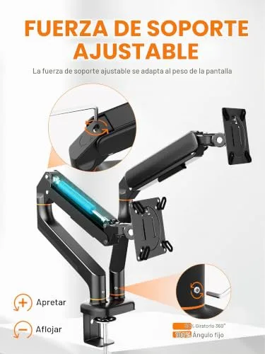 Ibergrif ▫️ Suporte duplo para monitores de 13" a 27", braço ajustável com mola, Suporta 2 monitores, inclinação, rotação e giro com base de montagem C-Clamp e anel de passagem, VESA 75/100 mm (MA001-2) 3