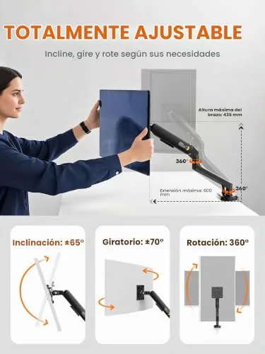 Ibergrif ▫️ Suporte duplo para monitores de 13" a 27", braço ajustável com mola, Suporta 2 monitores, inclinação, rotação e giro com base de montagem C-Clamp e anel de passagem, VESA 75/100 mm (MA001-2) 4
