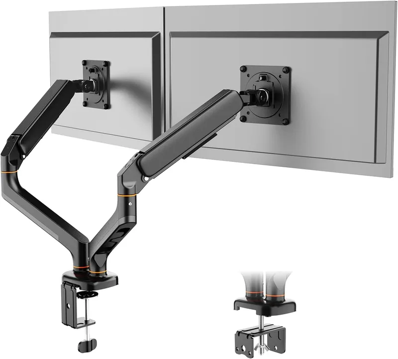 Ibergrif ▫️ Suporte duplo para monitores de 13" a 27", braço ajustável com mola, Suporta 2 monitores, inclinação, rotação e giro com base de montagem C-Clamp e anel de passagem, VESA 75/100 mm (MA001-2)