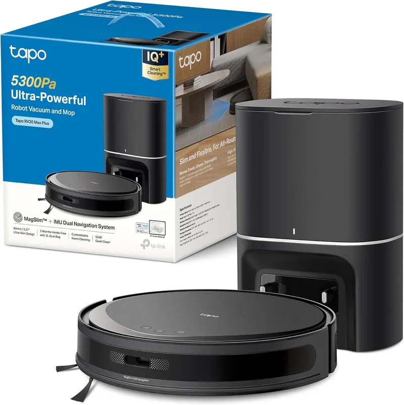 Tapo ▫️ RV20 MAX Plus – Aspirador e esfregador robótico 4 em 1, sucção de 5300 Pa, esvaziamento automático de 3 L, navegação LiDAR+IMU, limpeza inteligente IQ+, limpeza personalizável, controlo através da aplicação