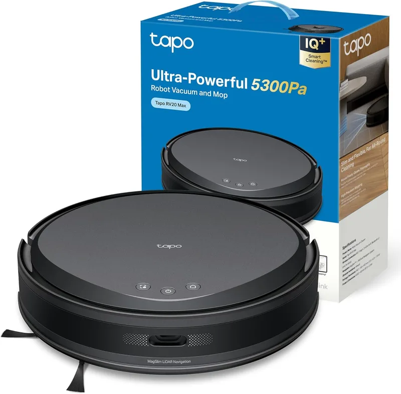 Tapo ▫️ RV20 MAX - Aspirador robô 4 em 1 e esfregona de chão, ultra-sucção 5300Pa, navegação MagSlim LiDAR, limpeza inteligente IQ+, design ultrafino de 83 mm, limpeza personalizável com a aplicação, Alexa e Google