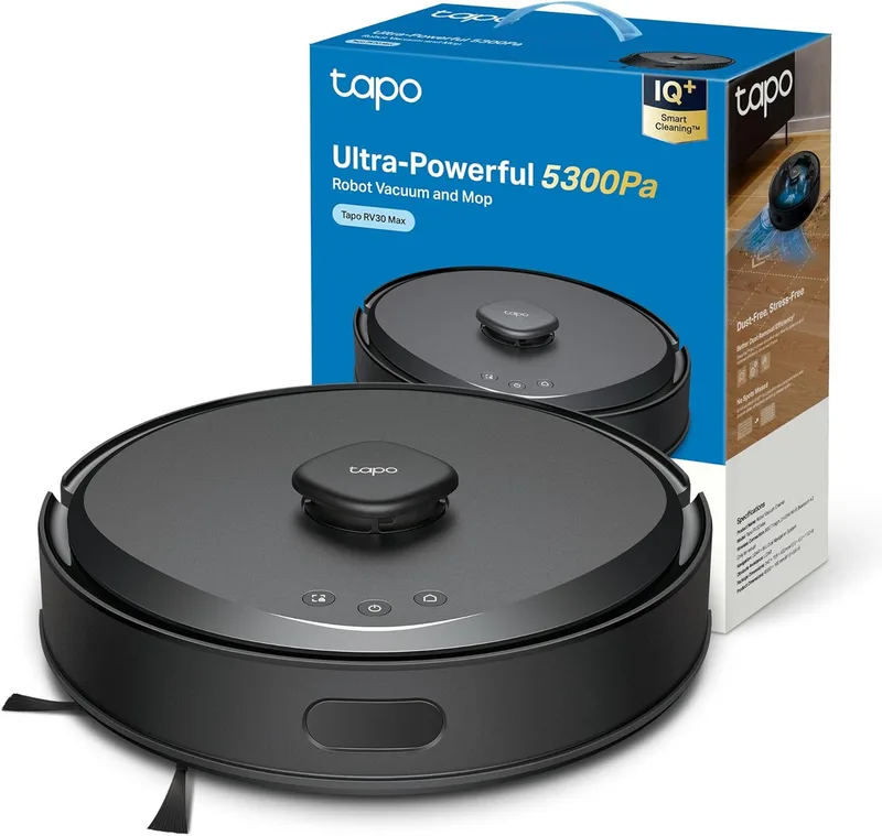 Tapo ▫️ RV30 MAX – Aspirador robô com 5300 Pa, navegação dupla LiDAR+IMU | 5300 Pa de sucção. Base com esvaziamento automático. Navegação a laser LiDAR. Controlo através da aplicação Controlo por voz com Alexa/Google.