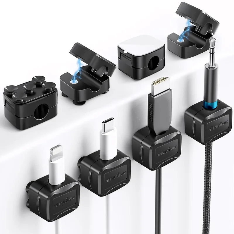 TRILINK ▫️ Conjunto de 6 clipes magnéticos para cabos com 6 ventosas de silicone para organização de cabos | Suporte e organizador de cabos para casa, escritório, secretária, telefone, carro e parede