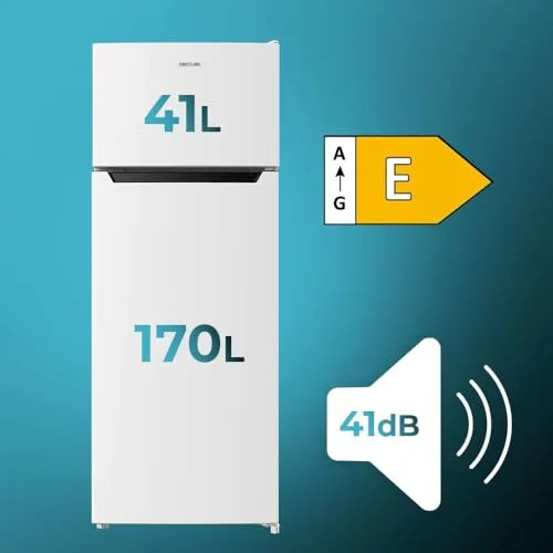 Cecotec ▫️ Frigorífico 2D Bolero CoolMarket 2D 211 Branco E. Motor com descongelação automática. Frigorífico de 2 portas, branco, 143 x 54 cm, capacidade de 211 L, porta reversível, classe energética E, com modo de congelação rápida 3