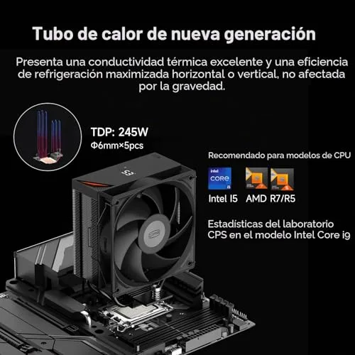 PCCOOLER ▫️ Dissipador de CPU CPS RT500 Digital BK Dissipador com ecrã digital, TDP 245 W, 5 tubos de calor de 6 mm com ventoinhas FDB de 120 mm, compatível com AMD AM4/AM5, Intel LGA 115X/1200/1700/1851 4